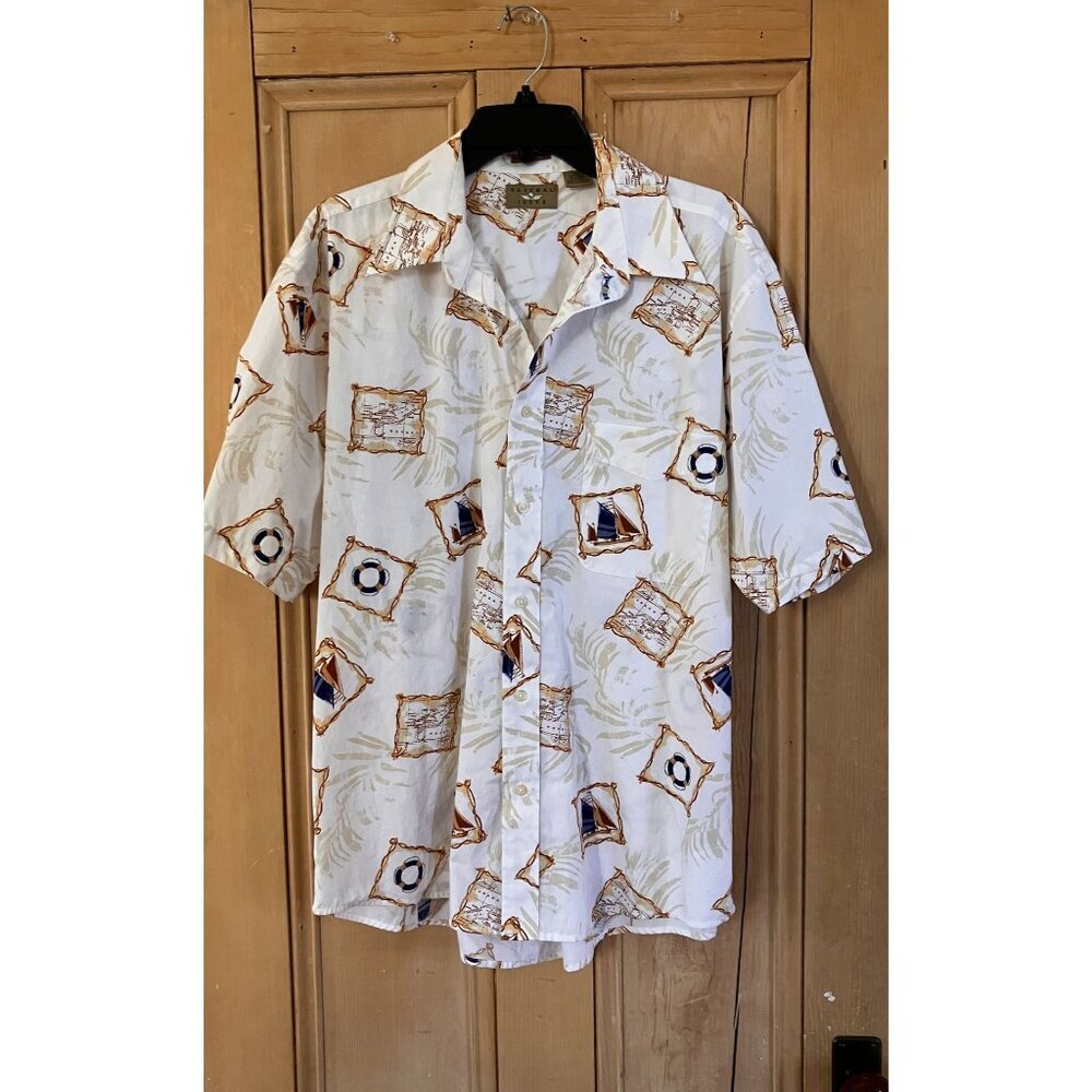 Natural Issue Mens Vintage Hawaiian Sailboat No Wrinkle Shirt Large White SP EXC